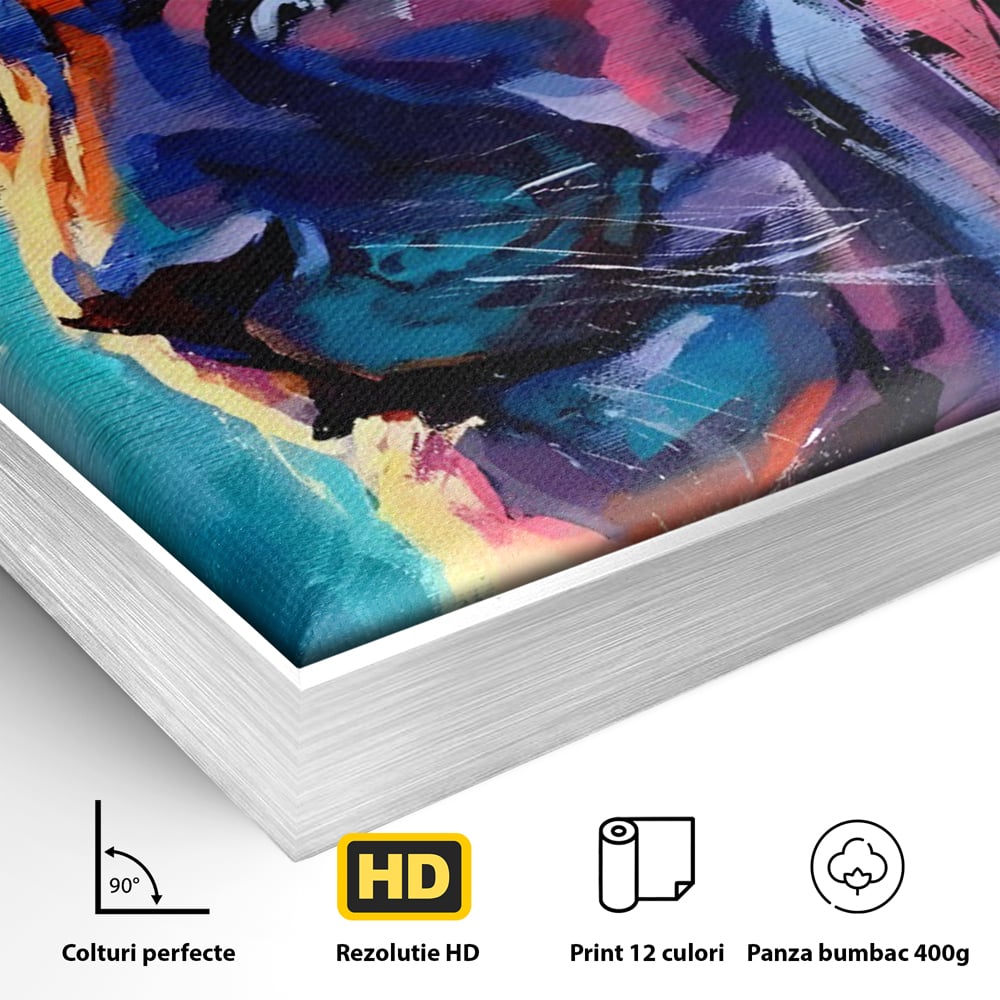 Detaliu al suprafetei: tablou canvas cu leu colorat, in rama de aluminiu argintiu
